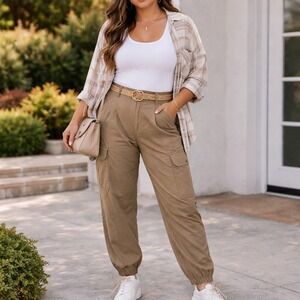 BBJ Los Angeles Cargo Pants Khaki Utility Streetwear Jogger Hem Large